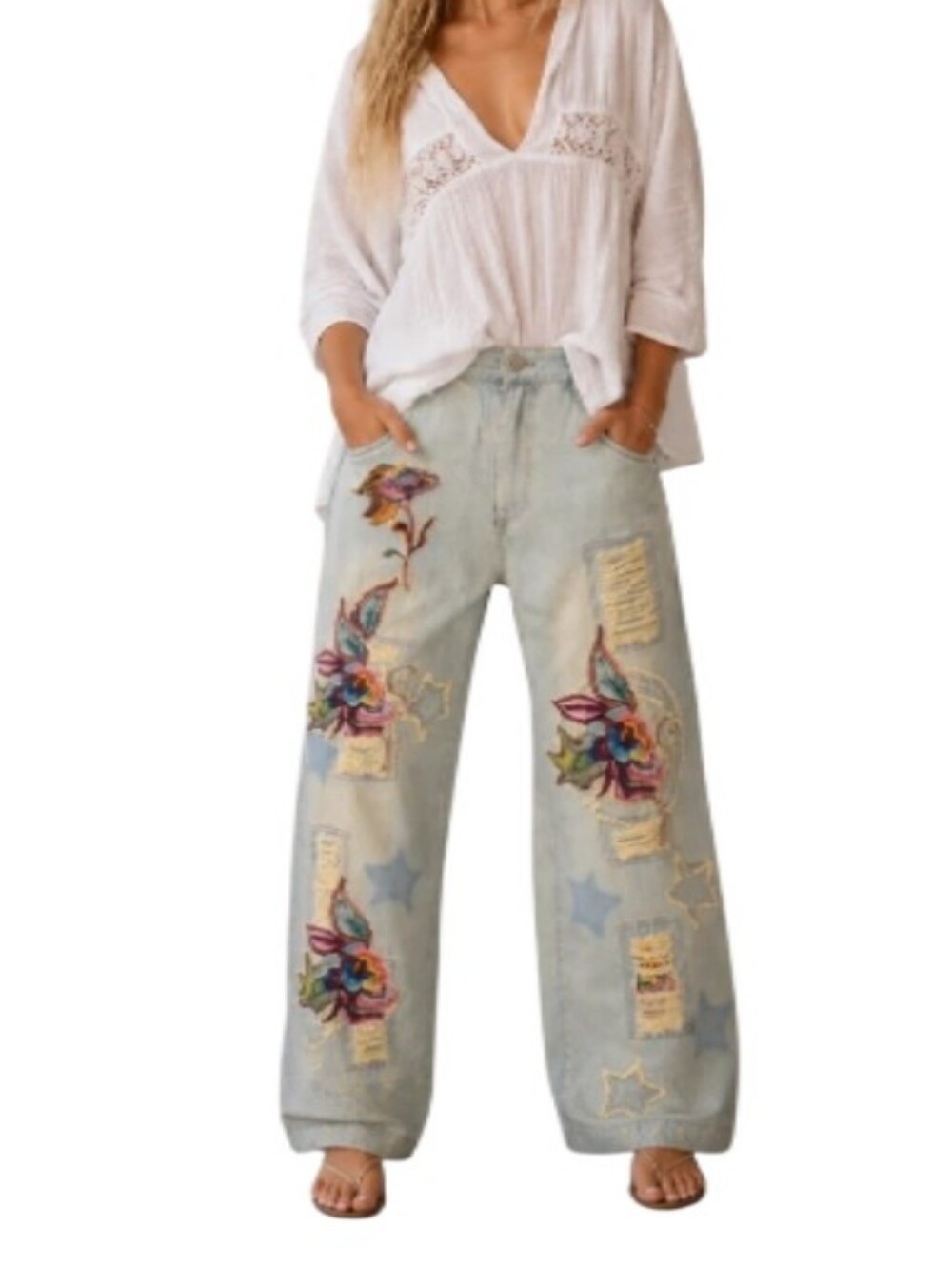 Paper Lace Denim Boho Distressed Patchwork Relaxed Straight Jeans